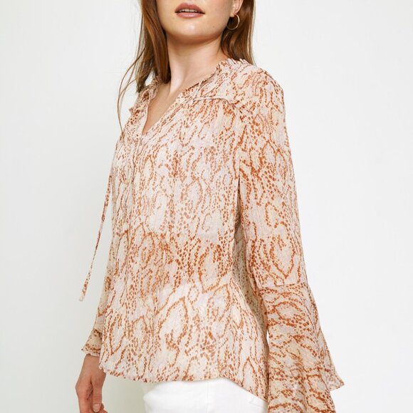 MYSTREE Neutral Snake Print Sheer Blouse, Lightweight Chiffon Button Down - Picture 5 of 8